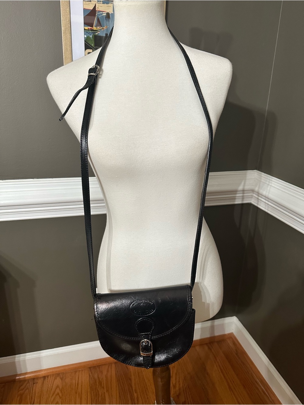 Vintage Genuine Black Leather Crossbody Bag with Buckle Detail  Florence Italy
